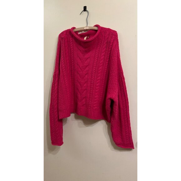 PILCRO Pink Cable Knit Sweater XL Chunky Mock Neck Oversized Cozy Boho Fall Wint - Picture 1 of 12
